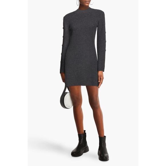 Sandro Paris Embellished Ribbed Wool & Cashmere Long Sleeve Gray Mini Dress US 2 - Picture 1 of 11